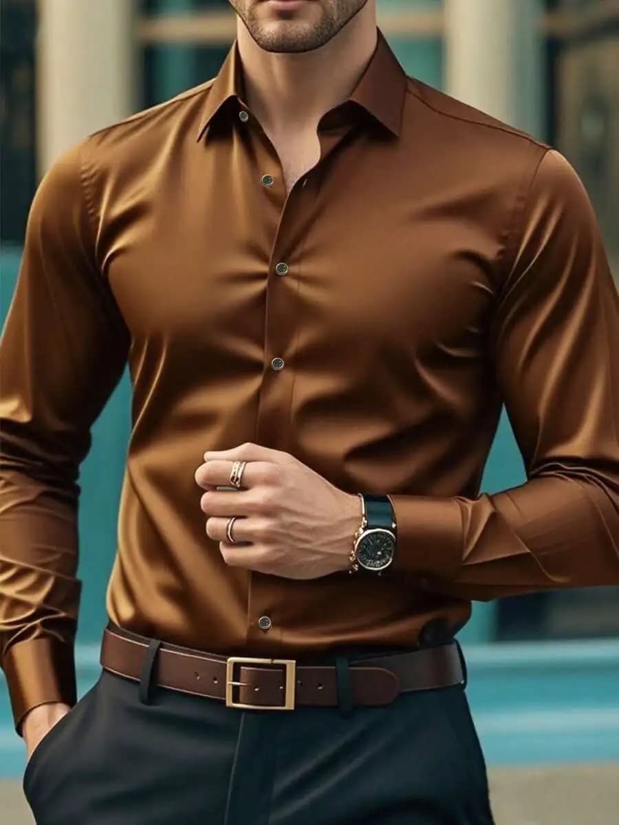 Camicia Formale da Uomo a Maniche Lunghe in Raso Lucido per Affari