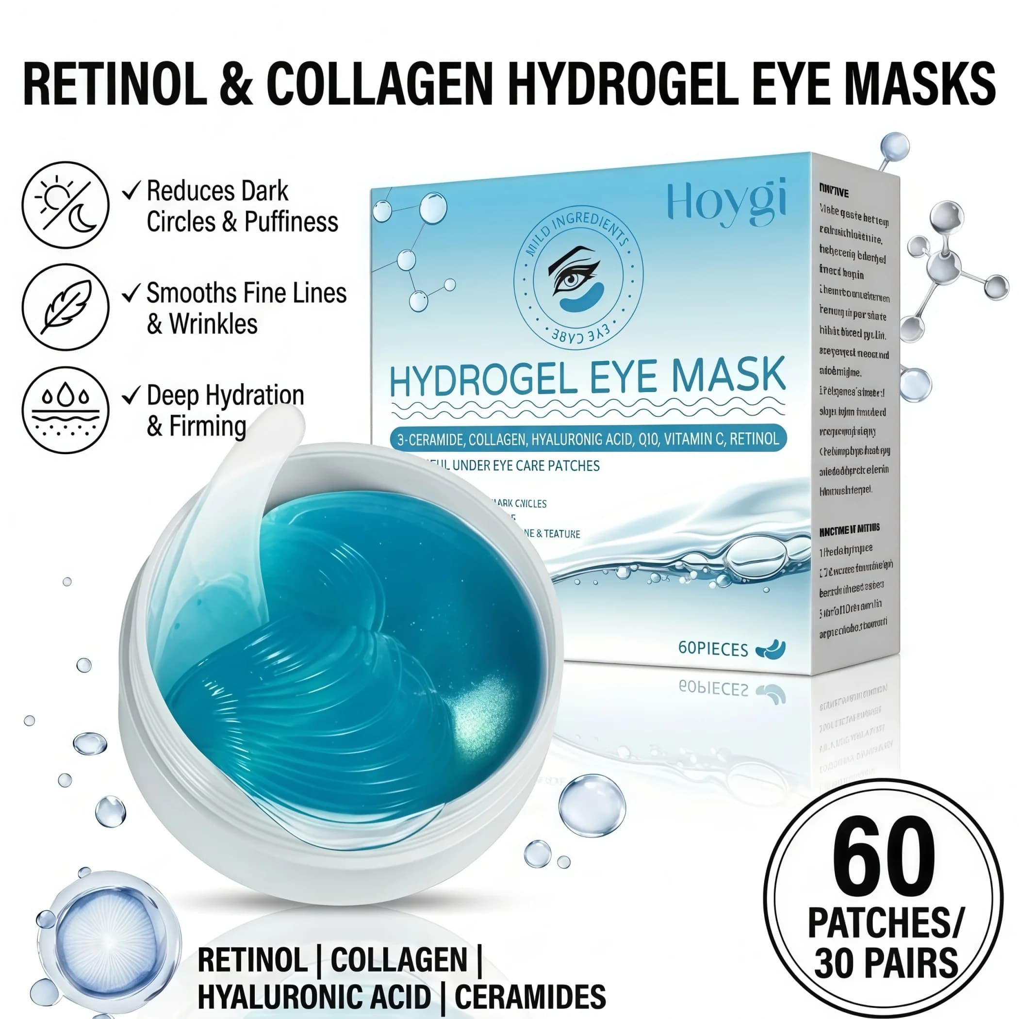 60pcs Collagen And Retinol Hydrogel Eye Mask,Powerfully Moisturize, Deeply Hydrate,Firm And Tender Eye Skin,Reduce Fine Lines&Anti‑Aging,Brighten Dark Circles&Strengthen Skin Barrier,Boost Skin Elasticity Hydrogel Texture,De puffing & Cooling Effect