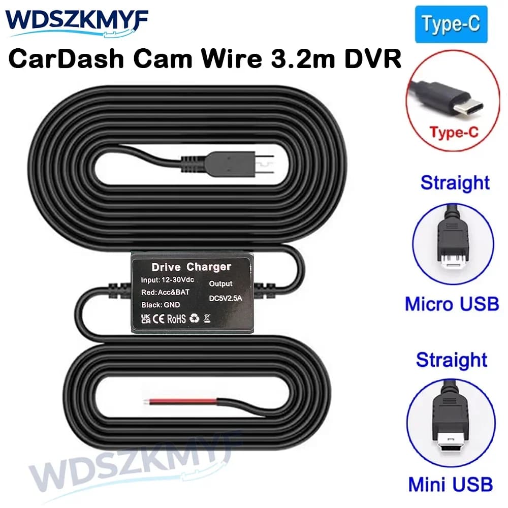 CarDash Cam Wire 3.2m DVR Hardwire Cable Kit Videoregistratore 12 24V a 5V Mini Micro USB Caricatore Linea Auto Dashcam Camera
