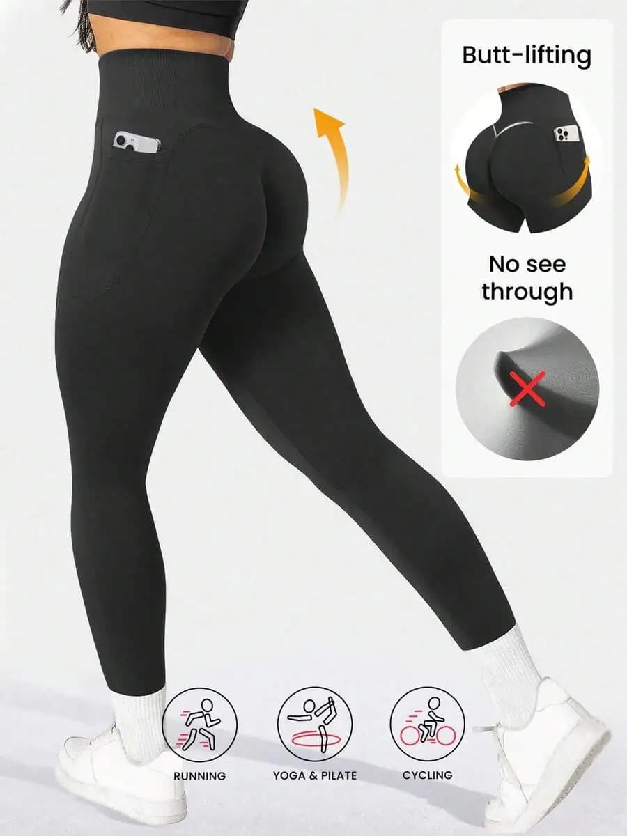 Leggings a vita alta senza cuciture con tasche laterali per donna, traspiranti, per yoga, corsa e ciclismo