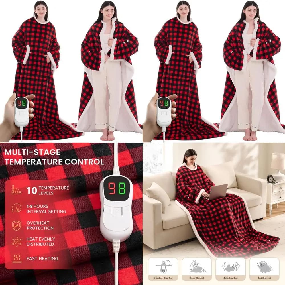 Scialle coperta elettrica riscaldata: felpa con cappuccio Sherpa con 10 livelli di calore e impostazioni timer regolabili, plaid rosso 50x75