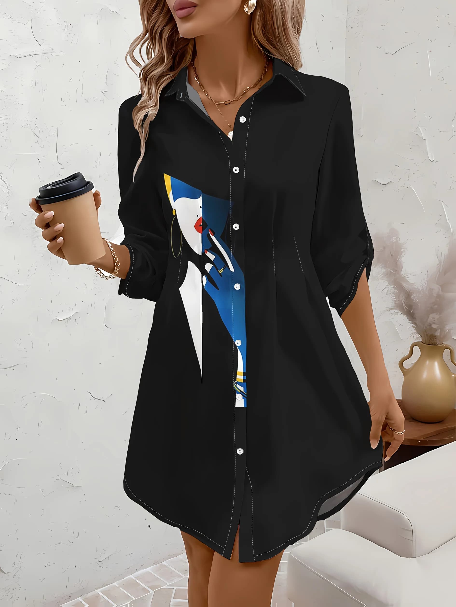 Spring and Autumn Style Casual Style Abstract Art Print Design Lapel Button Long Sleeve Shirt Dress