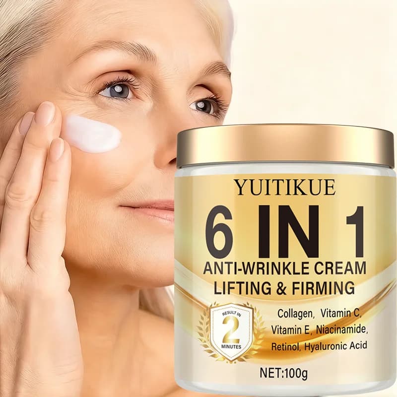 Crema antirughe 6 in 1: idratare profondamente, rassoda la pelle, contiene vitamine C ed E, retinolo e acido ialuronico.