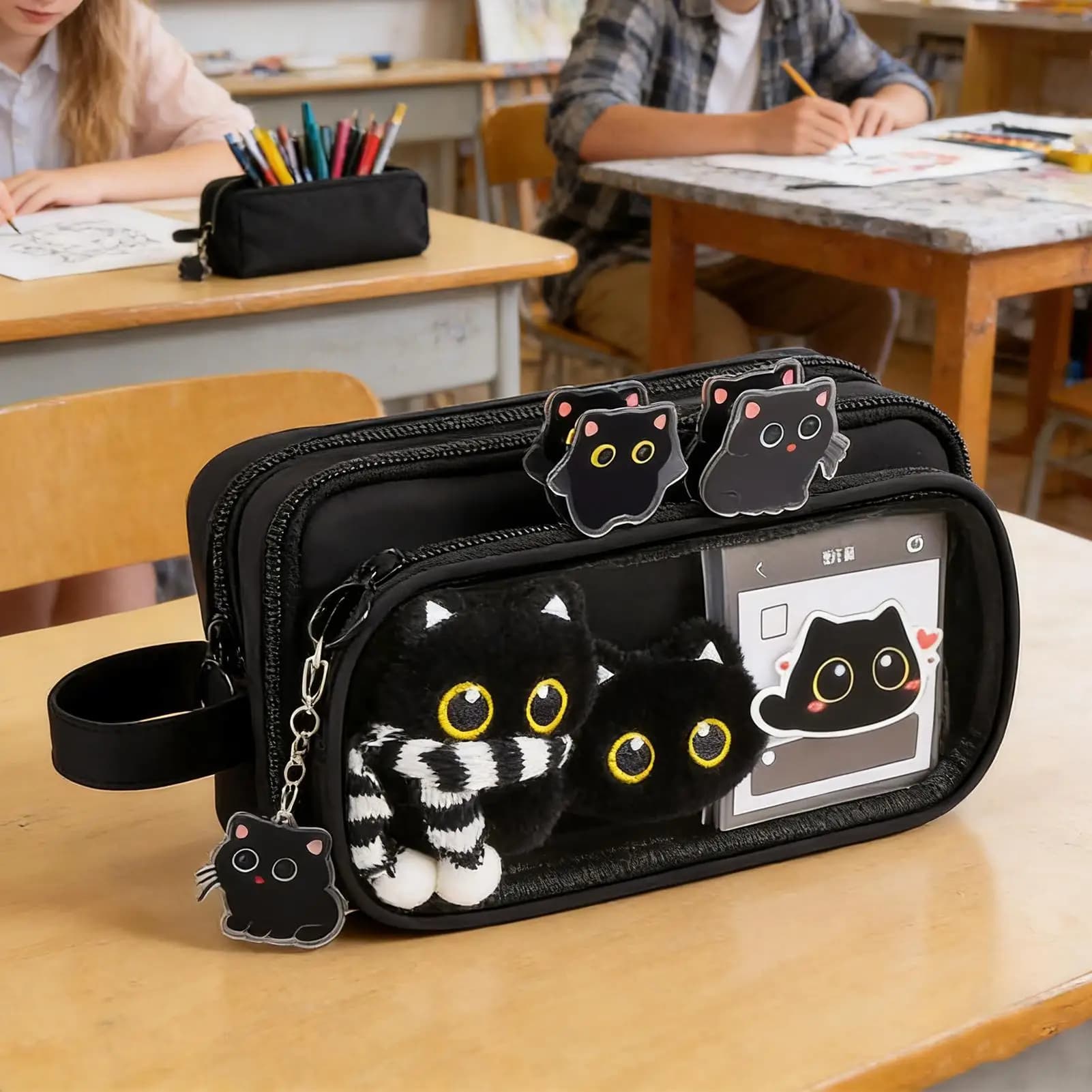 Cute Black Cat Pencil Case Set Stationery Supplies For Students & Kids, 2-in-1 Pencil Pouch Perfect Back To School Gift