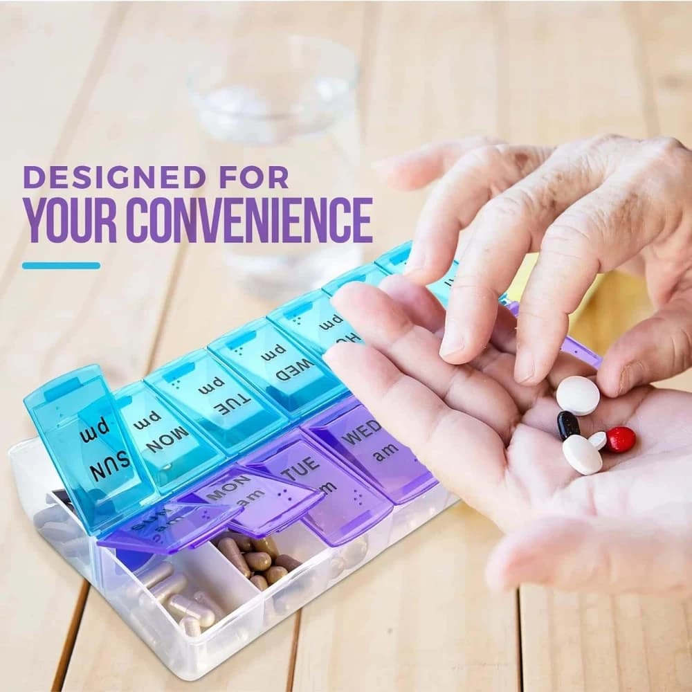 Travel Weekly Pill Organiser with Am/Pm Compartments BPA-Free Medication Organizer Easy to Open Daily Pill Case to Hold Vitamins