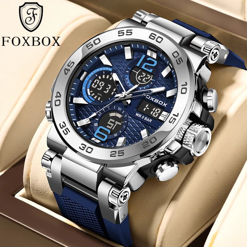FOXBOX Orologio da uomo al quarzo di lusso alla moda Orologio militare impermeabile con doppio display Cronografo luminoso Orologio sportivo da uomo reloj + SCATOLA