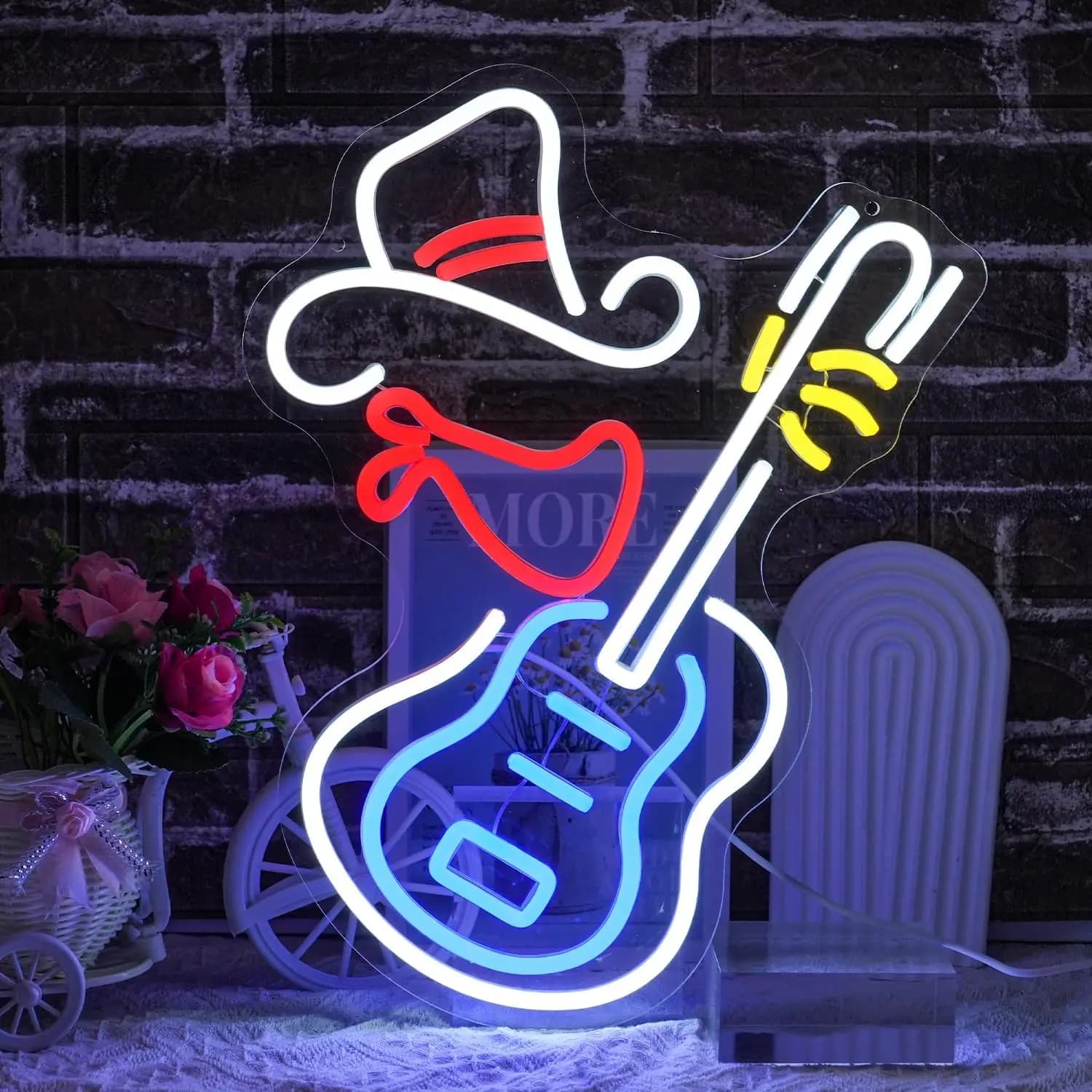 Insegna al neon a LED per chitarra da cowboy Decorazioni a tema country Barra luminosa al neon USB Salone occidentale Luogo di musica popolare Decorazione per feste in patio dimmerabile