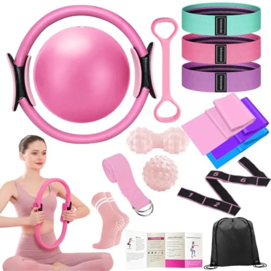 Set Anello Pilates con Cerchio Magico da 14 Pollici, Palla per Esercizi e 6 Fasce di Resistenza - Attrezzatura Completa per Allenamento Domestico per Core e Gambe