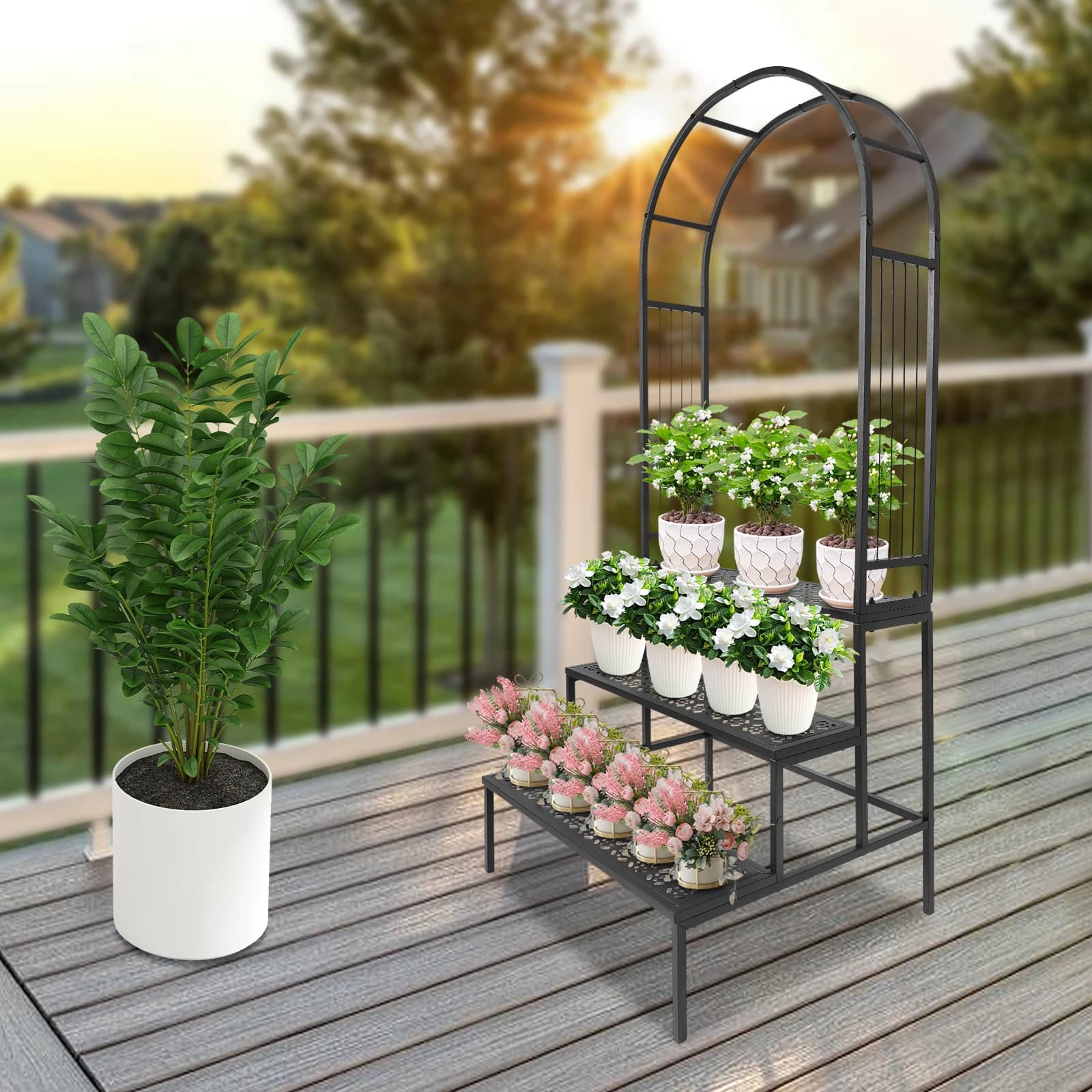 Supporto per piante a 3 livelli con arco da giardino Portavasi da fiori Espositore per albero da giardino per piante rampicanti per interni/esterni