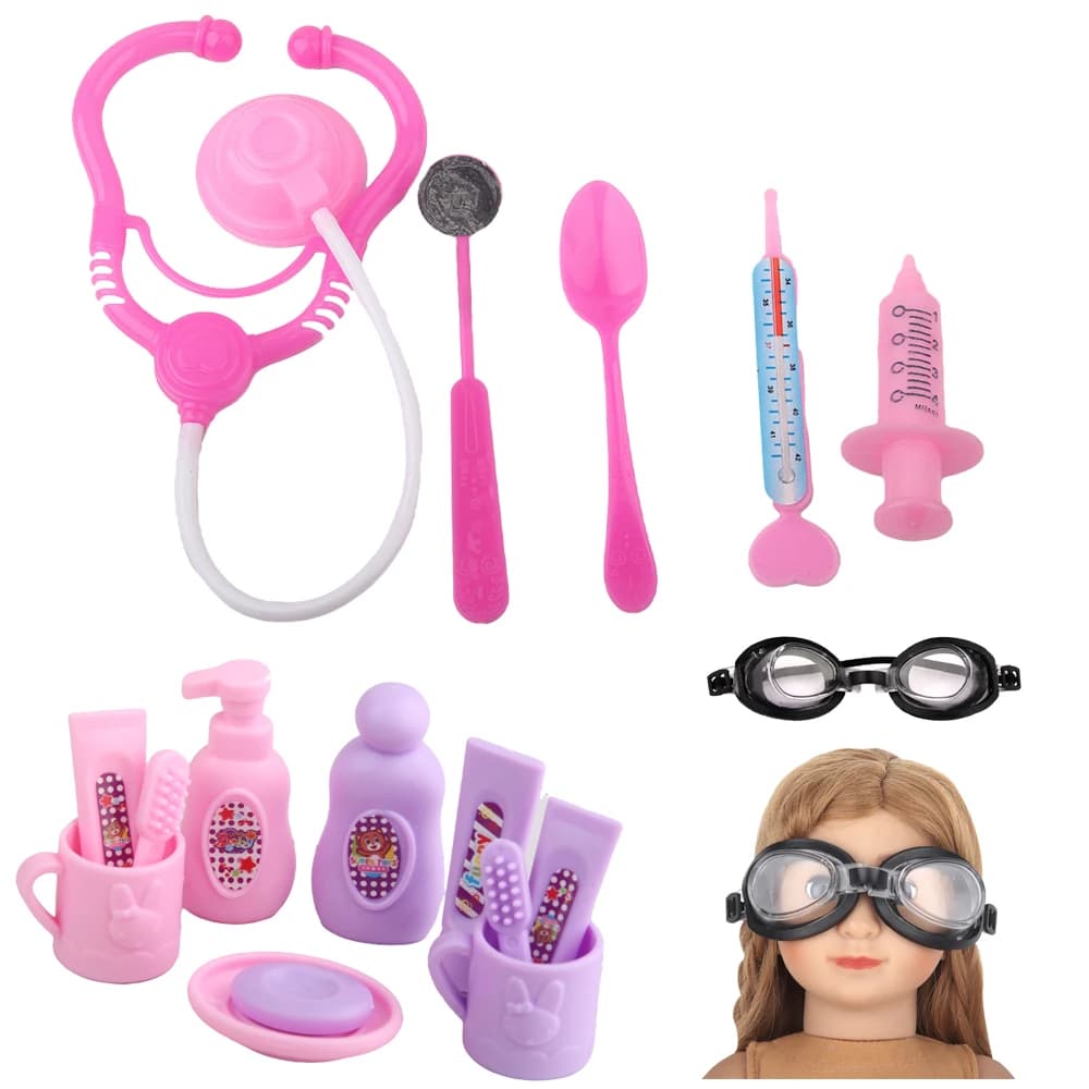 18 Inches American Doll Accessories Toy Toilet Set. Doctor Set, Swimming Goggles For 43cm Baby New Born Doll House Accessories