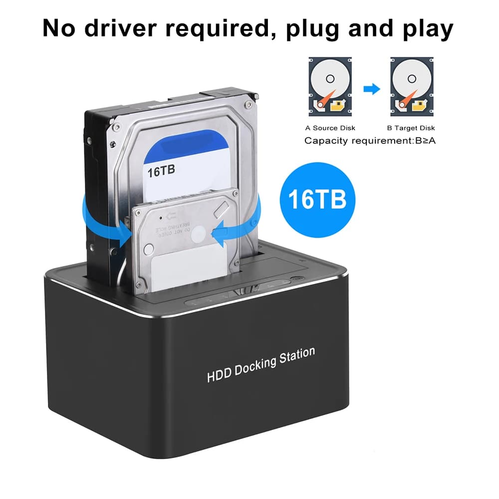 Docking station per disco rigido esterno SATA a USB 3.0 Dual Bay 5 Gbps per HDD SSD da 2,5/3,5" Adattatore di alimentazione Clone12V3A offline veloce
