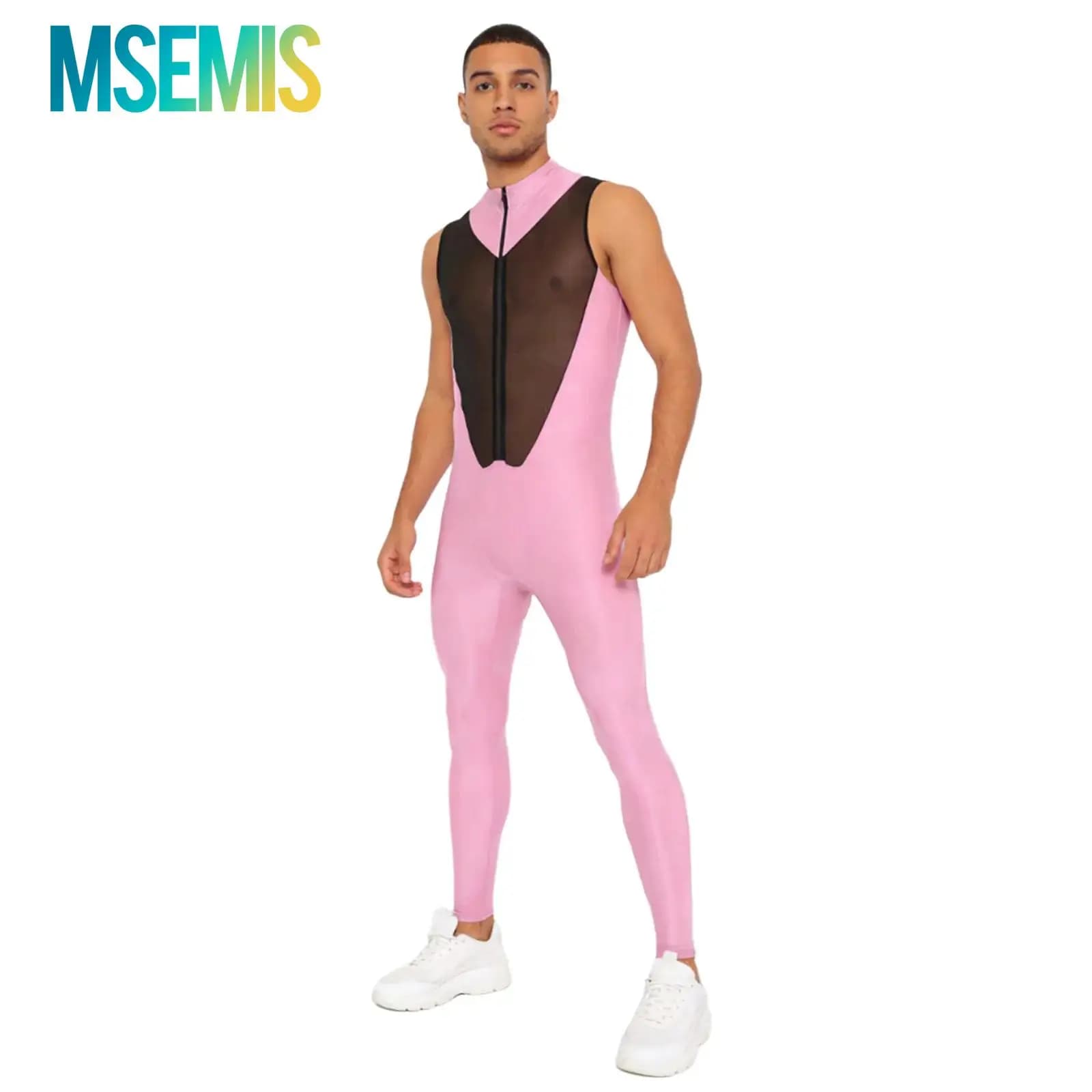 Costume da bagno da uomo con patchwork in rete trasparente lucida, cerniera frontale, cerniera sul cavallo, pantaloni lunghi, leggings, catsuit, costumi da bagno, clubwear