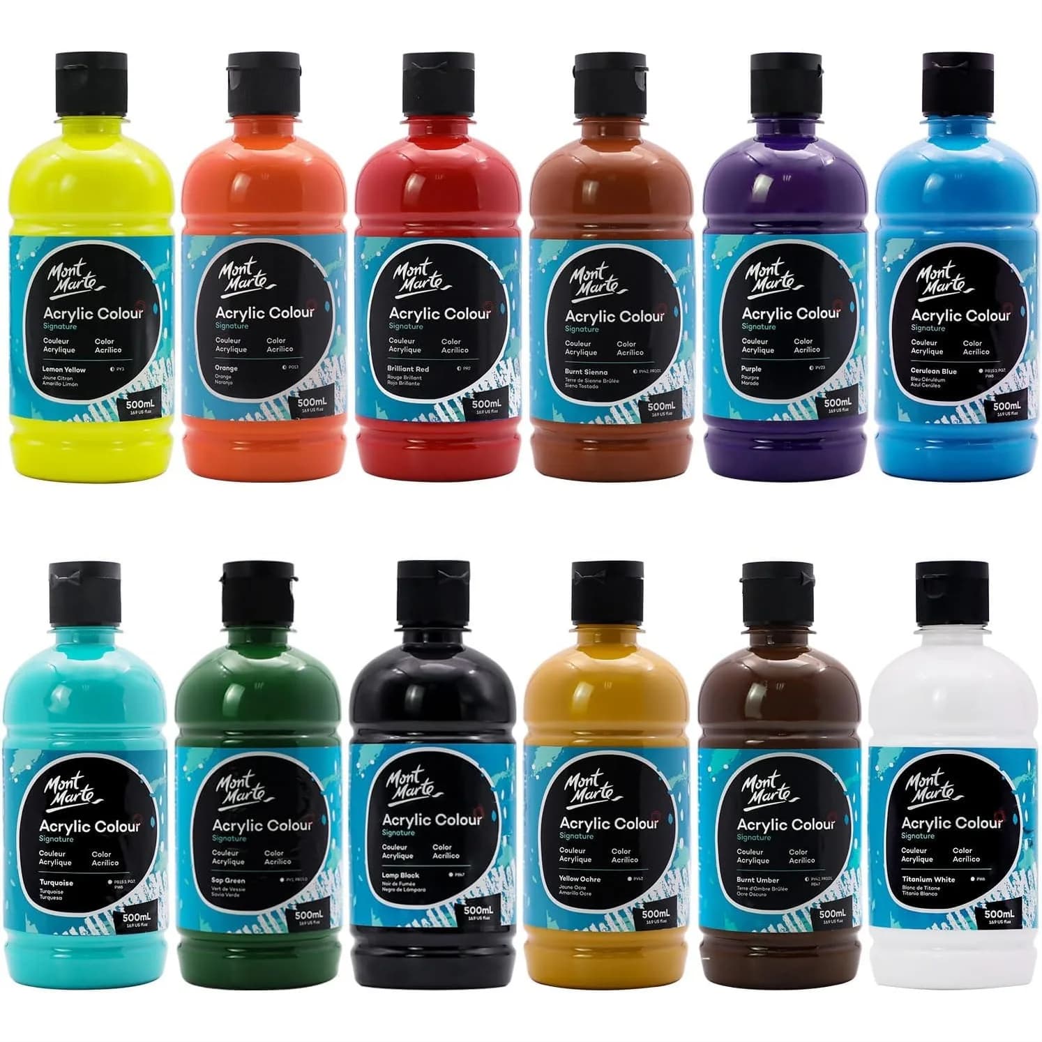 Mont Marte Acrylic Paint Set 12 Colors 500ml Each Semi-Matte for Canvas Wood Fabric