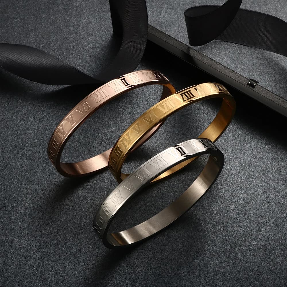 Fashion Stainless Steel 4mm/8mm Width Roman Number Cuff Bangles Bracelets For Women Men Lover Wedding Jewelry Gift