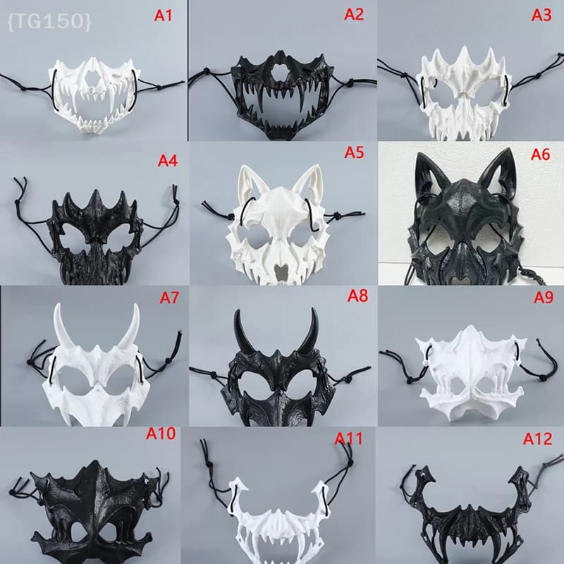 【De】Maschera mezza faccia con teschio a denti lunghi - Scheletro di demone Lupo Drago Tigre Houjuu Nue Style per la festa cosplay di Halloween