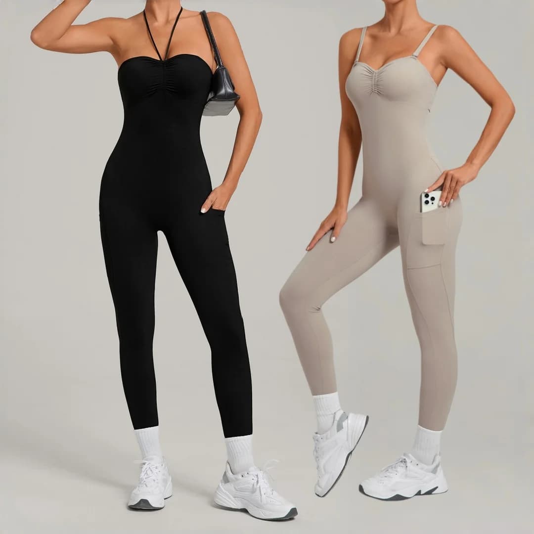 Tuta intera da donna per yoga, corsa, sport, allenamento, palestra, con tasche, leggings, scollatura sulla schiena, effetto push-up, body fitness