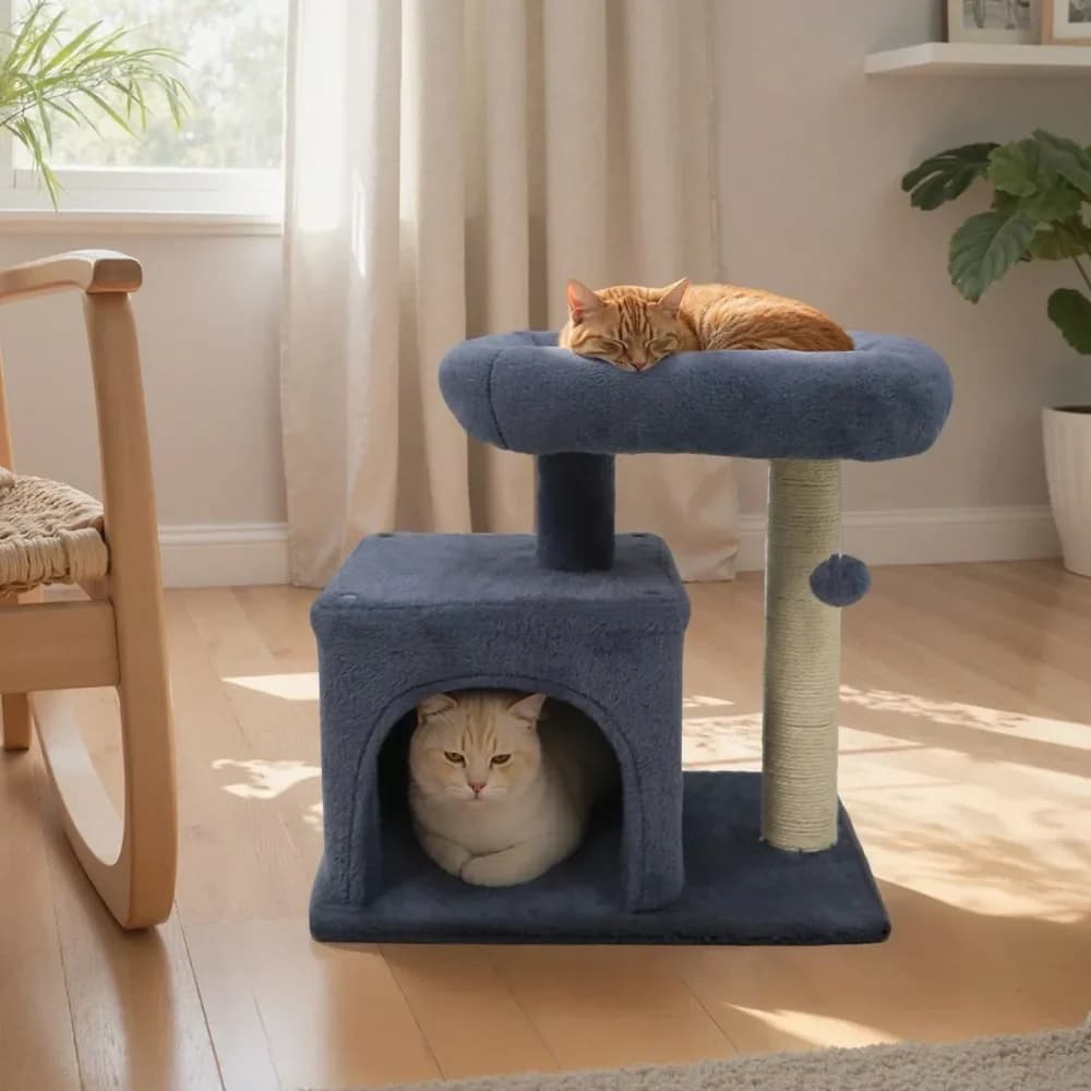 Piccolo Albero per Gatti con Ampia Cuccia Imbottita in Peluche e Pali in Sisal