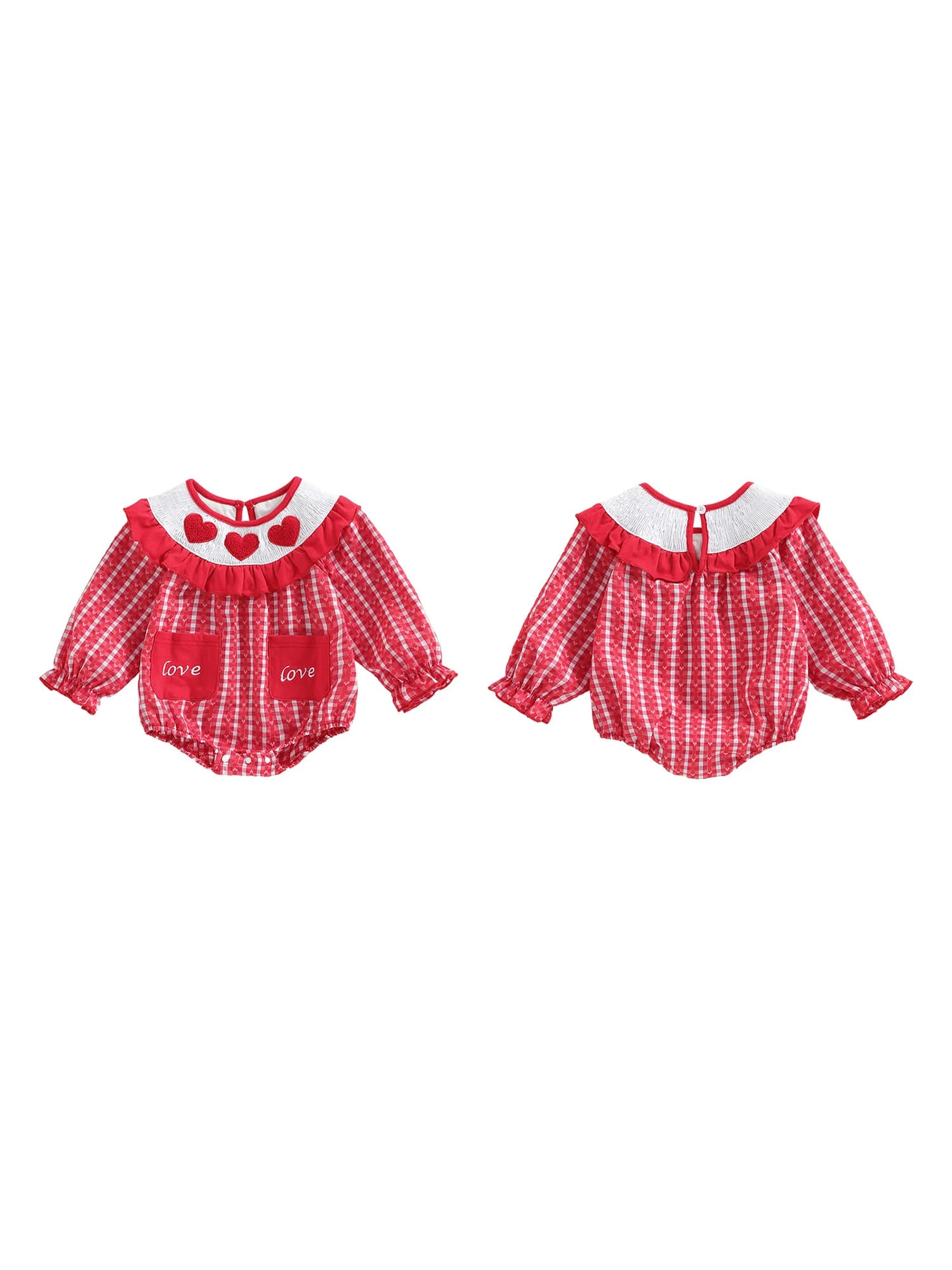 San Valentino Bambina da bambina a maniche lunghe con cuore ricamato, girocollo, body smockato, completo primaverile con volant