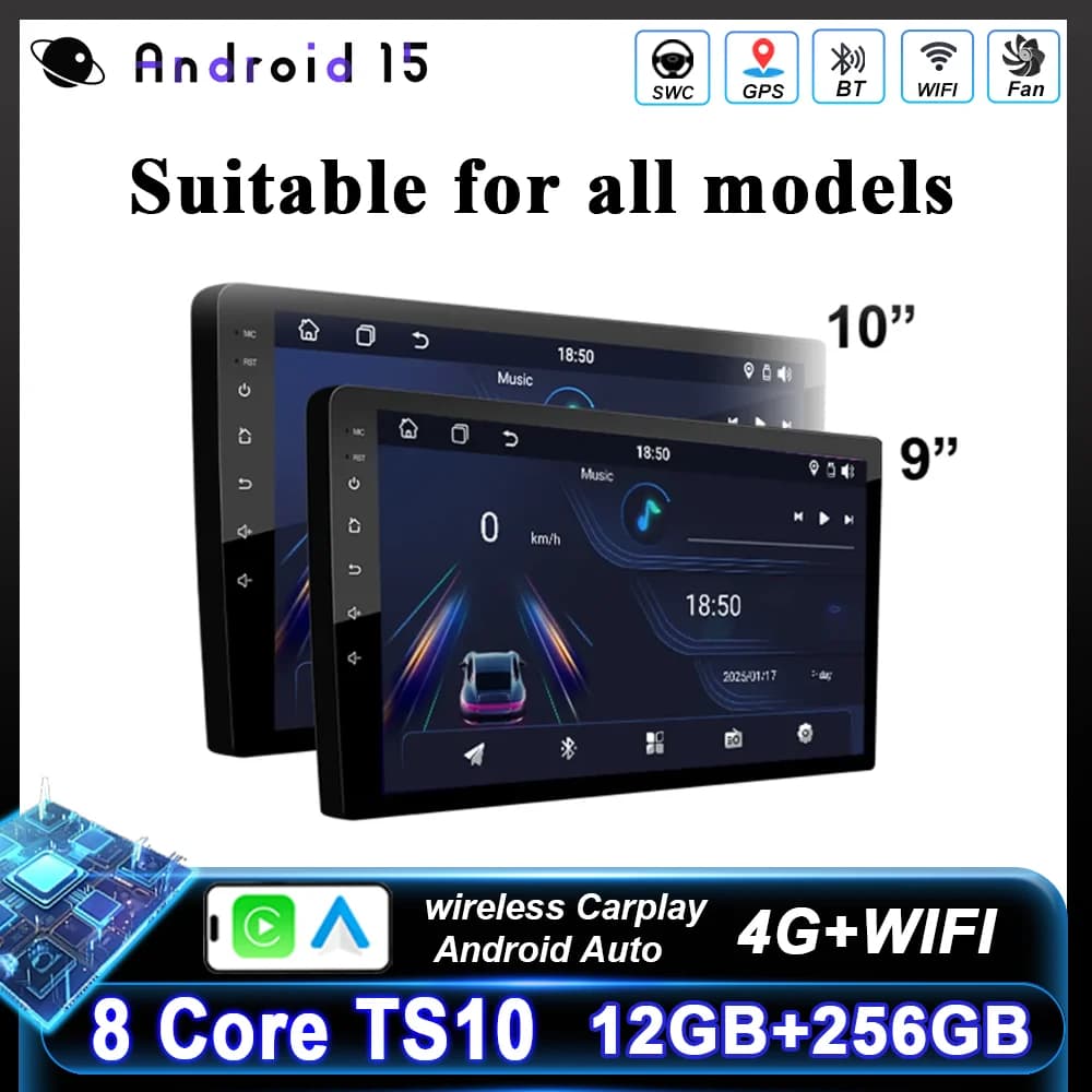 9 10 "Radio per auto Android Auto Carplay Stereo per auto Lettore multimediale Universale WIFI GPS Autoradio Sistemi intelligenti per auto 8 Core 4G