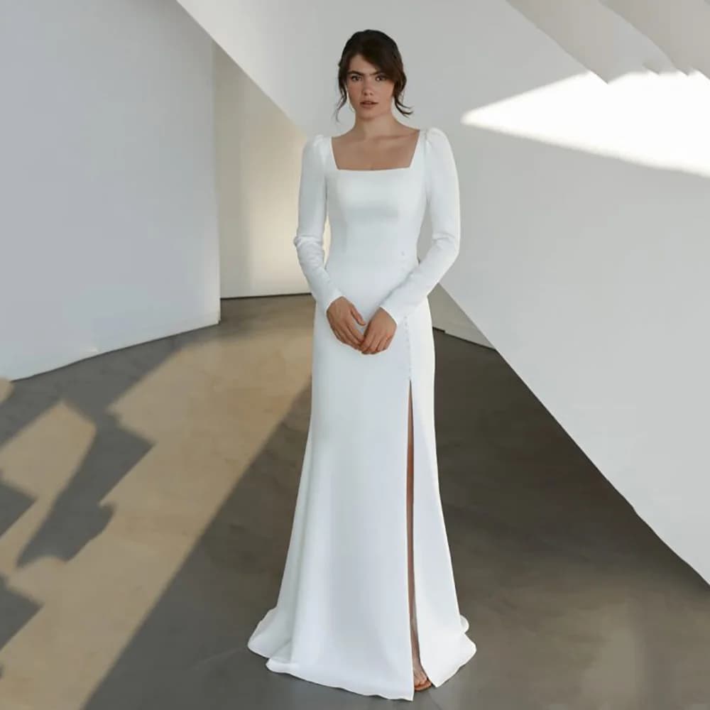 Customized Long Sleeve Wedding Dress Simple Mermaid Bride Dress Square Neck Backless Slit Formal Bridal Dress 2026