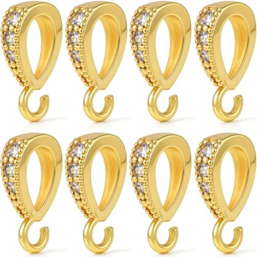 8pcs 18K Gold Plated Necklace Pendant Clasp with Open Loop, Brass Necklace Charm Clasp with Rhinestone, Charm Connectors Pendan