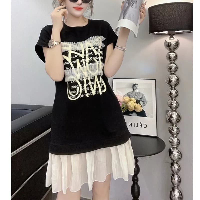 T-shirt a maniche corte con lettera patchwork in pizzo Estate Nuovo contrasto Allentato O-Collo Street Casual Top Tees Tendenza moda Abbigliamento donna