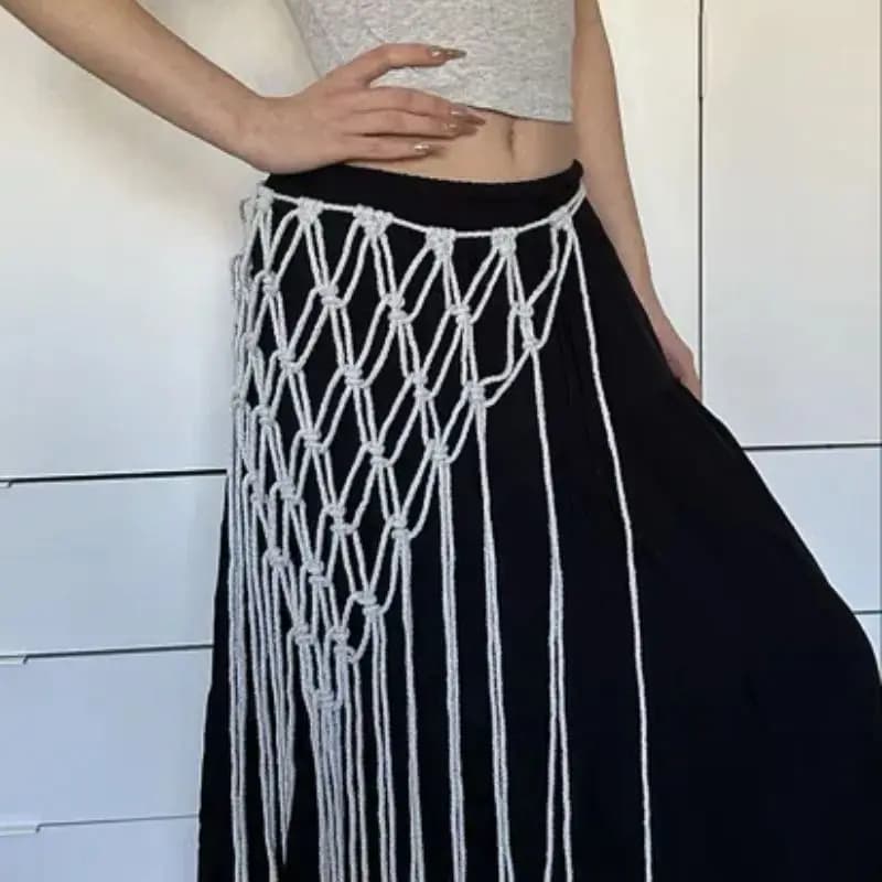 Gonna Copricostume Bikini Bohemien in Rete con Nappe e Frange, Tessuta a Mano, con Fascia in Vita, Stile Jeans, Top Modellante