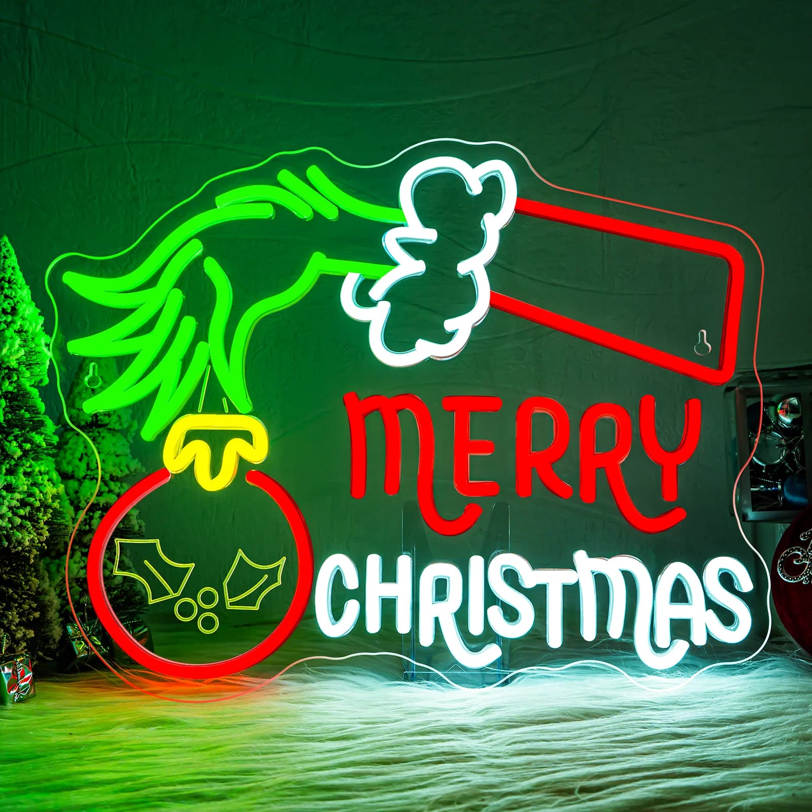 Buon Natale Insegna al neon Verde Rosso Parola dimmerabile per la decorazione della parete per la festa di Natale Sfondo Camera da letto Finestra Bar Club Negozio