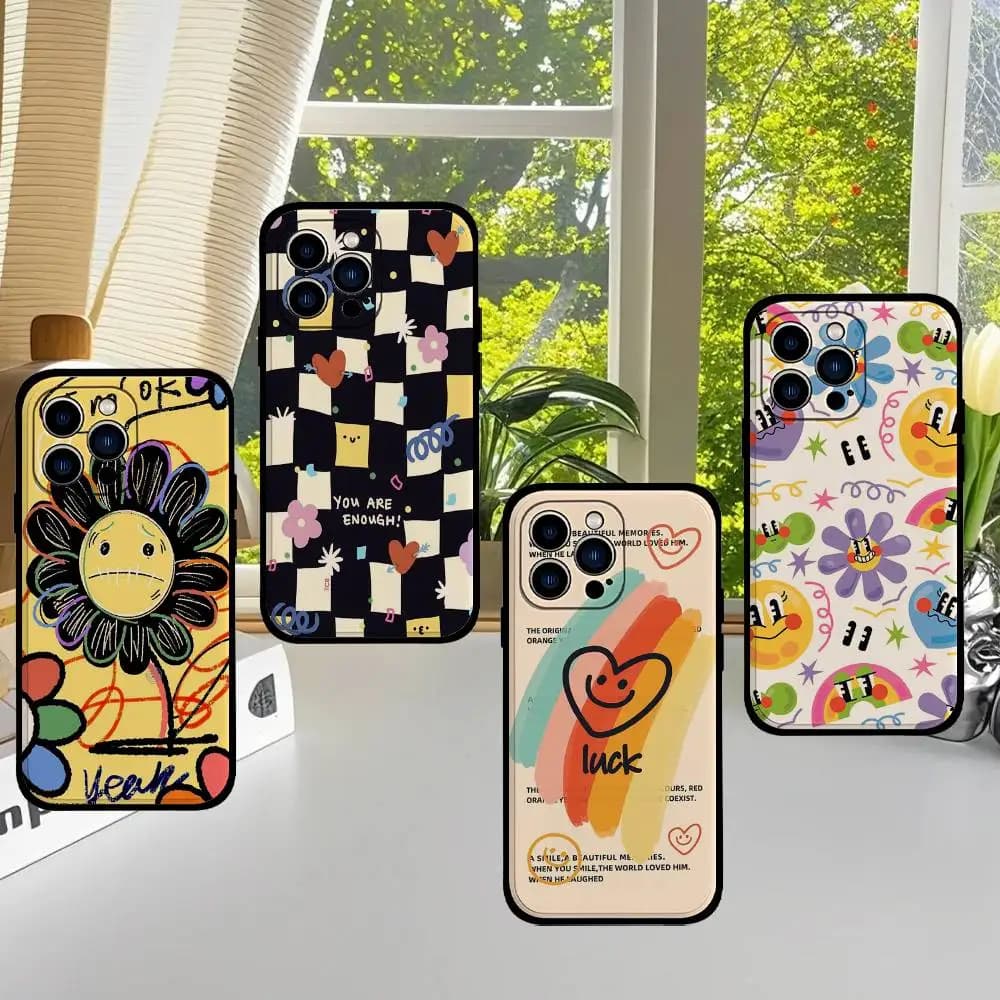 Cover per telefono Doodle Smiles Face nera compatibile con iPhone 17, 16, 15, 11, 13, 14 Pro Max, Plus, X, Xr, Xs Max, 13 Mini
