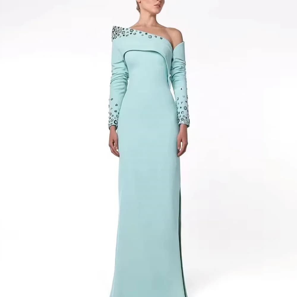 Abiti da ballo a trapezio personalizzati Abito da sera con maniche lunghe monospalla lungo fino al pavimento Abito da festa con spacco laterale con paillettes alla moda