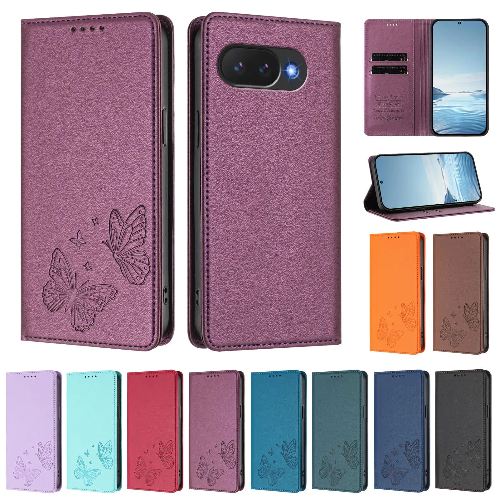 Leather Flip Wallet Case for Coque Google Pixel 10A 9A 8A 7A 6A Cases Pixel 10 9 Pro XL 8 7 6 Pro Butterfly Embossed Cover with