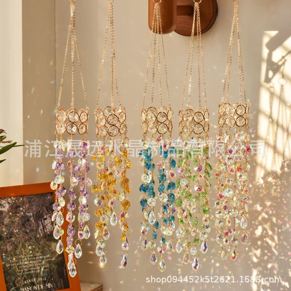 WW double-layer metal ring wind chime multi-color crystal pendant home courtyard wedding decoration