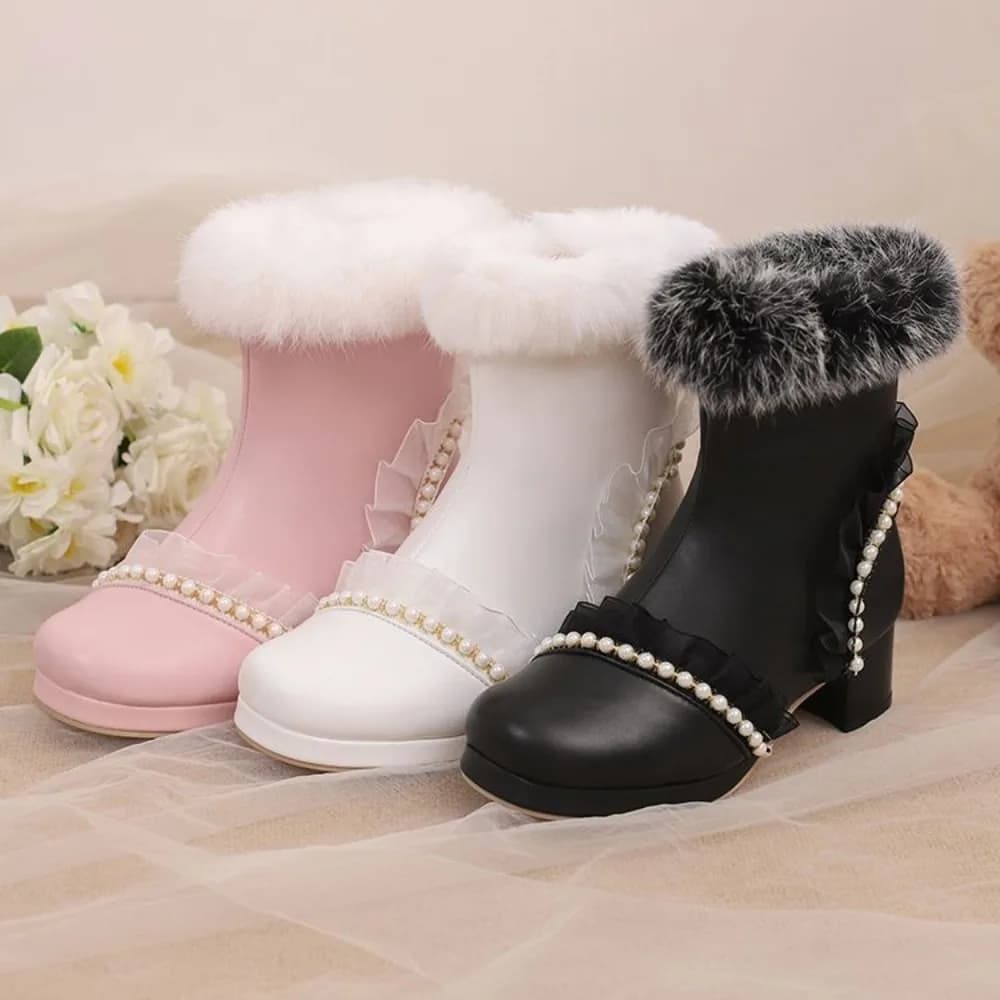 Stivali alla Caviglia Lolita da Donna 2026 con Polsino in Pelliccia Sintetica, Decorazione a Perle, Punta Tonda, Tacco Basso e Grosso, Caldi e Carini per l'Inverno