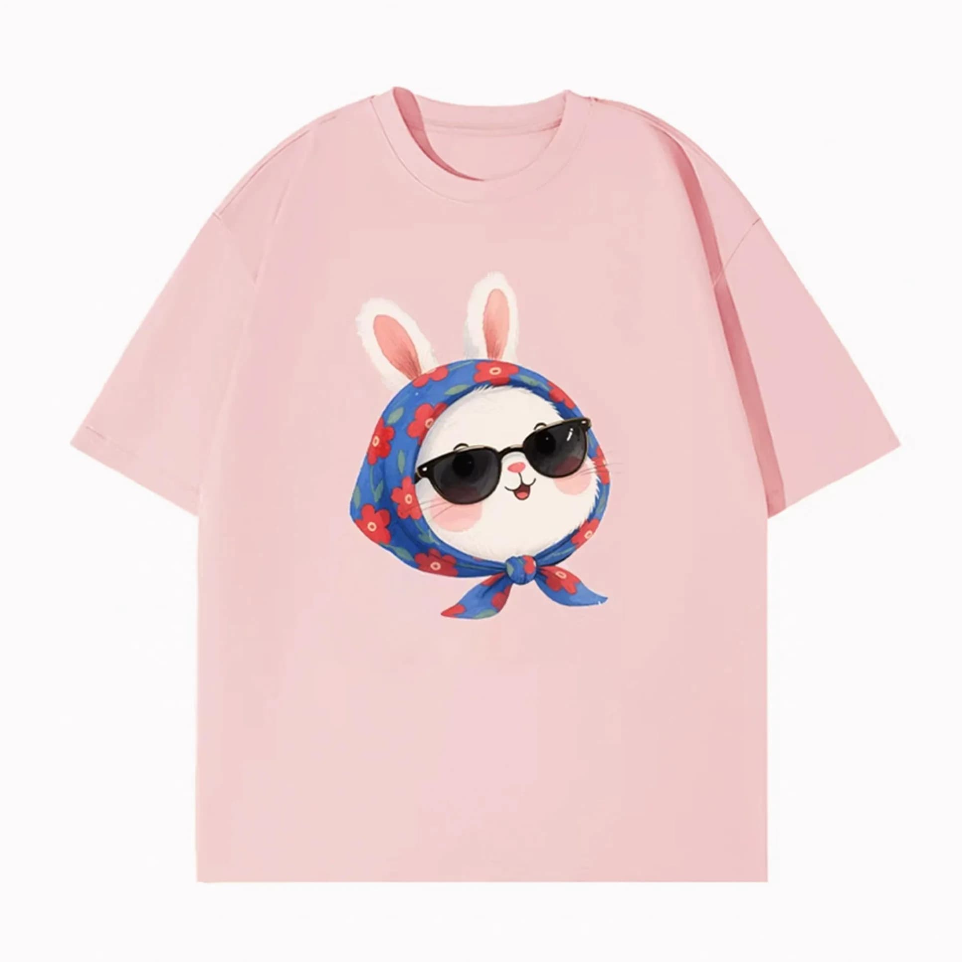Women's Cute Bunny Graphic T-Shirt Kawaii Sunglasses Rabbit Print Casual Pink Tee