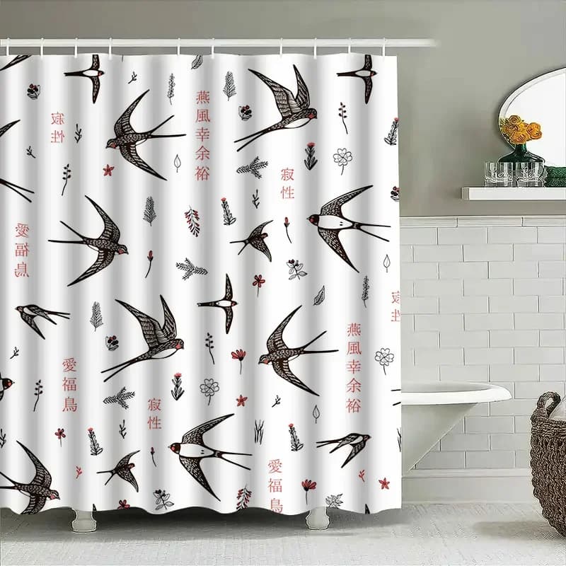 Tenda da doccia con uccelli di rondine bianche e nere per l'arredamento del bagno, design floreale stampato, decorazione domestica impermeabile nelle tende da bagno