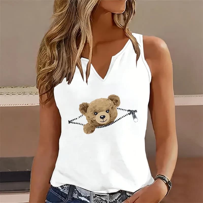 Maglietta Senza Maniche con Stampa Grafica di Orso, T-Shirt con Scollo a V Divertente e alla Moda, Maglietta con Animali per Donne, T-Shirt a Maniche Corte con Scollo a V