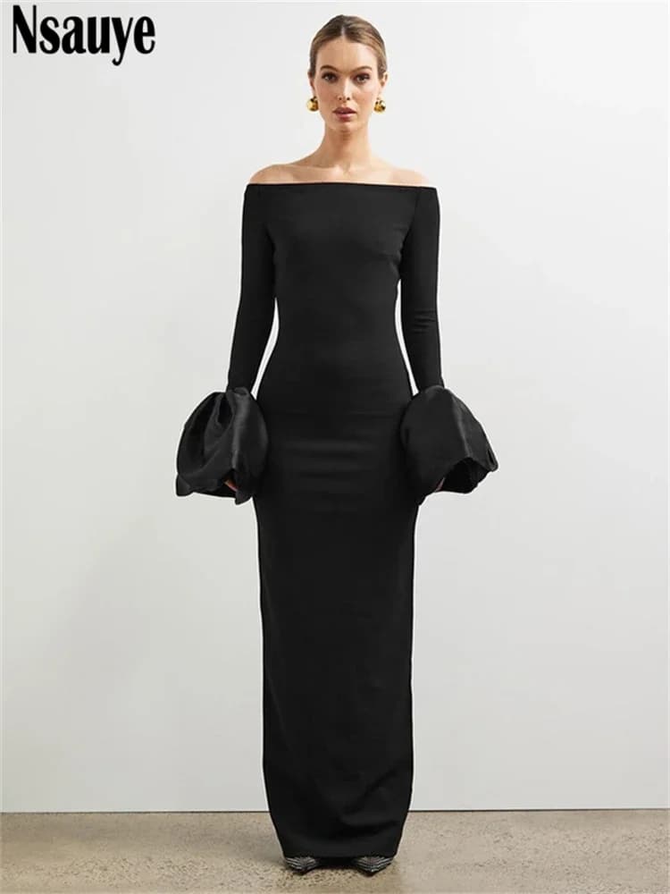Nsauye Abito da festa elegante per le donne Vintage Bud Manica lunga Sera sexy Moda Wrap Night Club Abito nero con spalle scoperte 2024