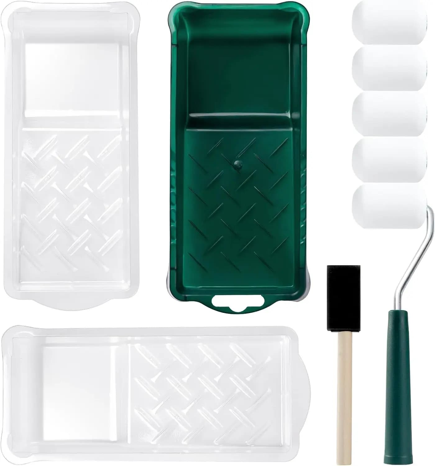 Kit of 10 mini foam rollers with trays and sponge brushes for uniform painting on furniture and walls