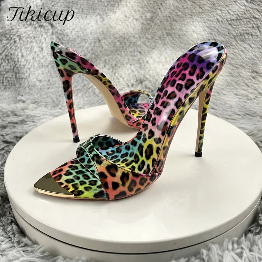 2025 Newly Summer 12cm Sexy Leopard Print Party Woman Outdoor Slipper High Heels Sandal Pointed Toe Work Ladies Dress Shoes