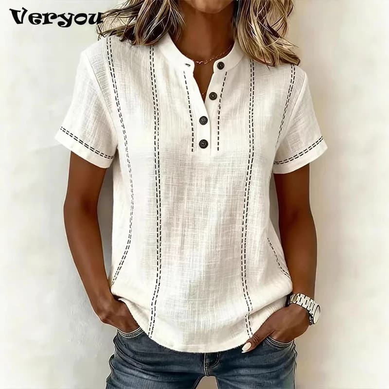 Camicetta elegante da donna con scollo a V e bottoni, a maniche corte, a righe, estiva, casual, per l'estate