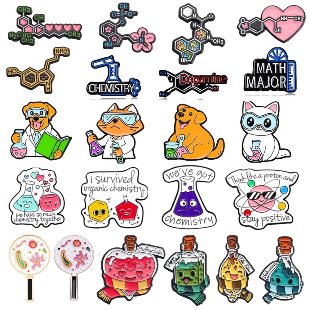 Scienza creativa Spilla Chimica Arcobaleno Provetta DNA Microscopio Formula molecolare Gatto Cane Dottore Distintivo Punk Spilla Gioielli
