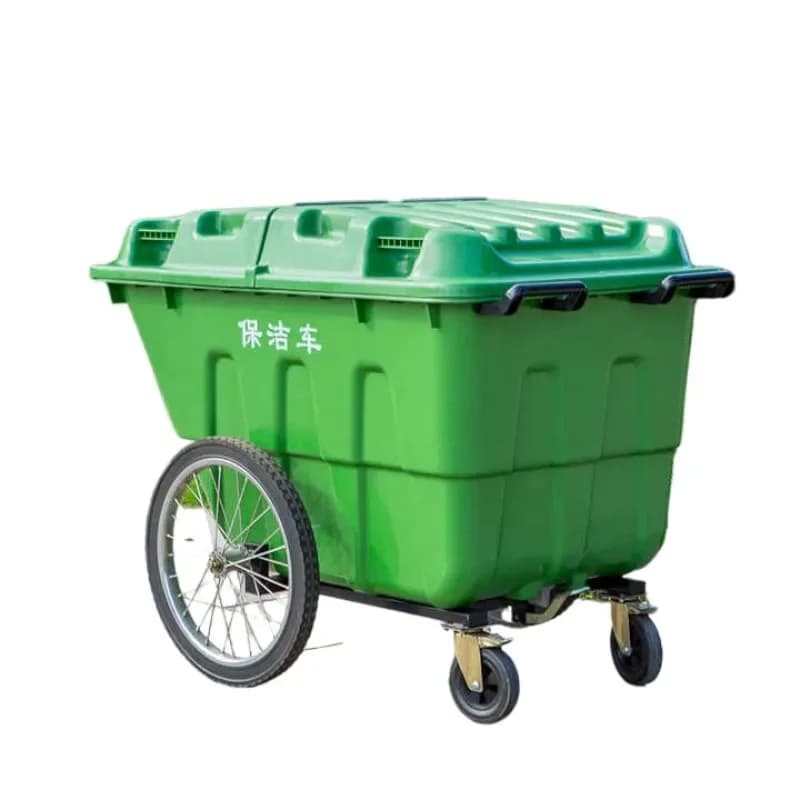 Grande contenitore per rifiuti da esterno in plastica, carrello per la raccolta dei rifiuti, bidone per la raccolta differenziata.