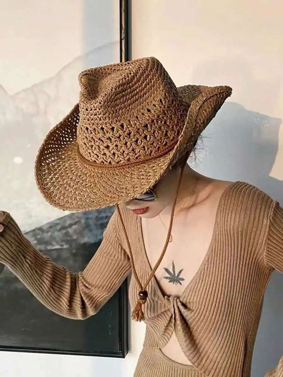 Boho 1pc Ladies' Hollow Out Woven Straw Hat In Beige With Western Cowboy Style Design, Sunscreen, Breathable, And Windproof