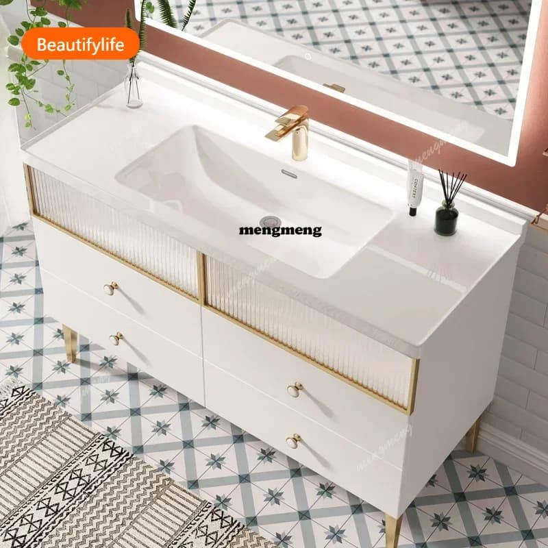 Mobile Bagno Moderno di Lusso Semplice, Combinazione Nordica a Parete con Specchio e Mensole, Arredamento Casa, Mobili Bagno