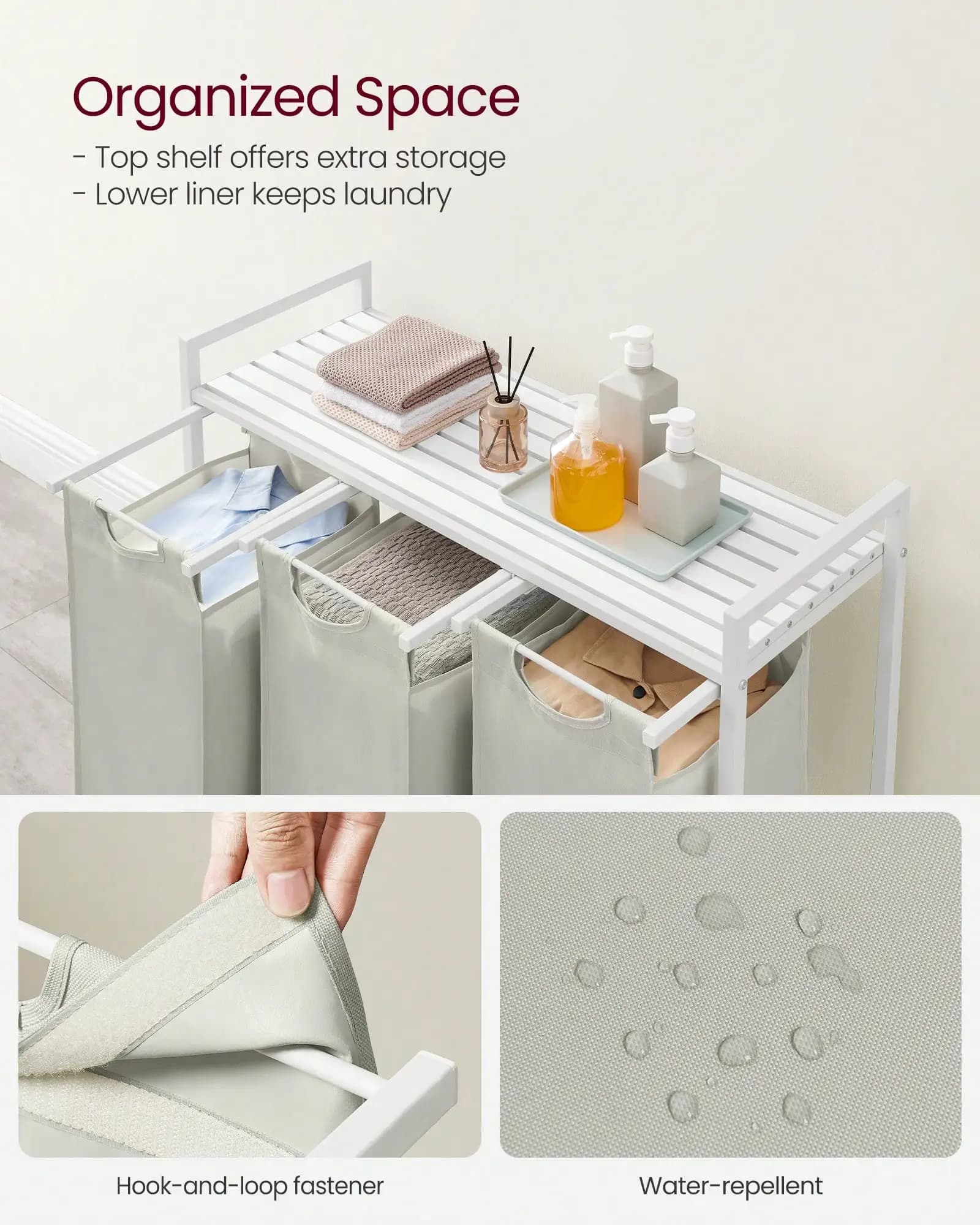Cesto Portabiancheria, Cesto per Bucato, Organizzatore per Bucato con 3 Sacchi Estraibili e Rimovibili, Ripiano, Struttura in Metallo, 3 x 40 L (10,6 Galloni), 92,1 x 33,1 x 72,7 cm