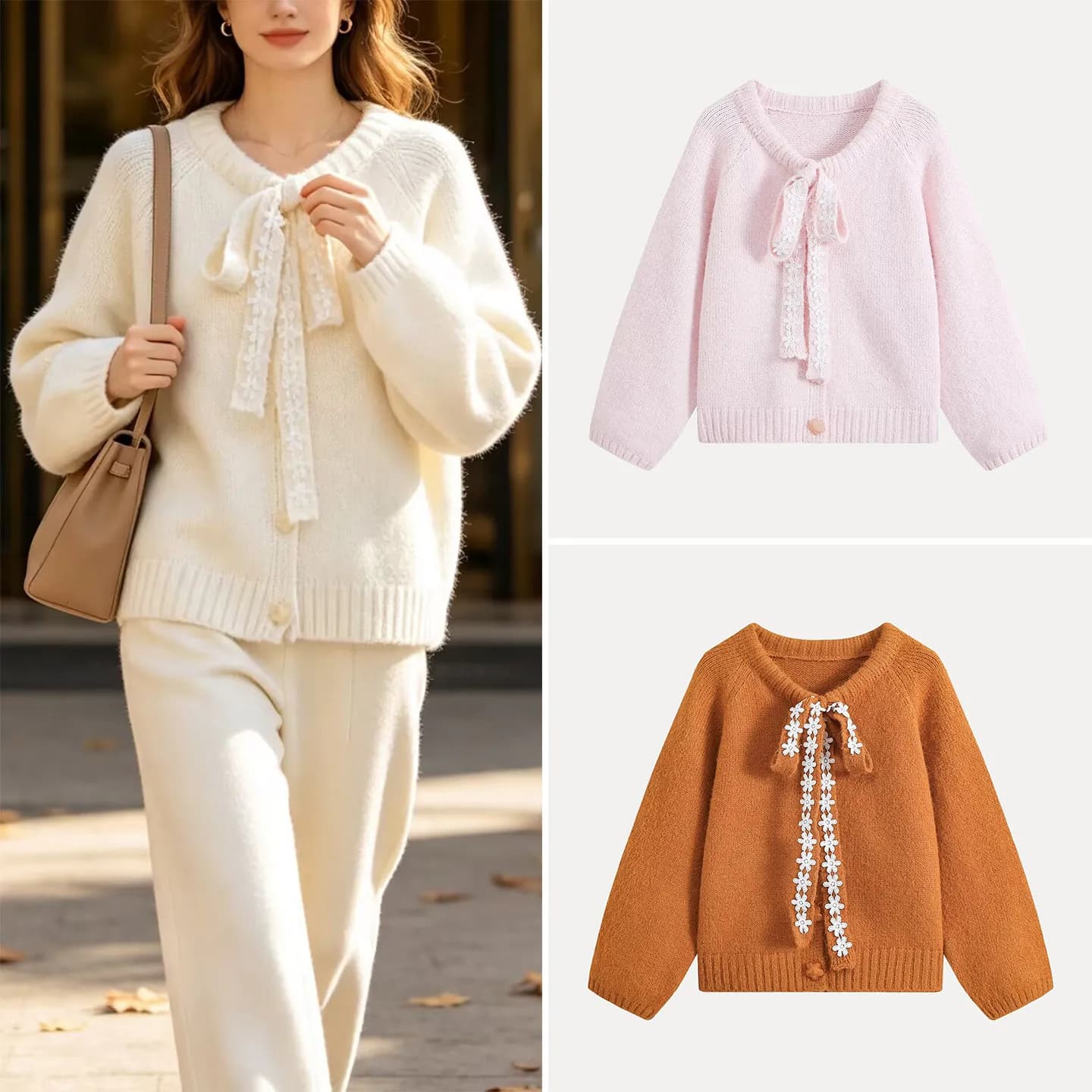 Casual Style Knitted Cardigan Women's Summer Fashion Multi-Color Lace Collar Single Button Open Cardigan Long Sleeve round Neck