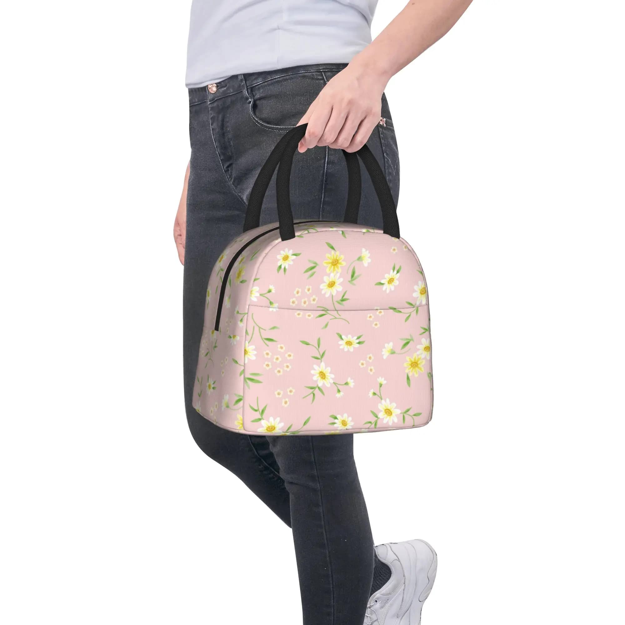 Borsa Termica per Pranzo con Motivo Floreale Rosa, Contenitore Termico Portatile, Borsa per Alimenti da Ufficio e Picnic