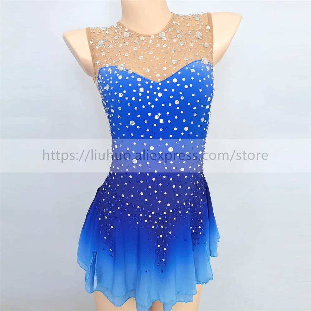 LIUHUO Donna Aldult Girl Personalizza Costume Competizione Performance Body Pattinaggio di Figura sul Ghiaccio Vestito da Ballo Roller Senza Maniche Blu