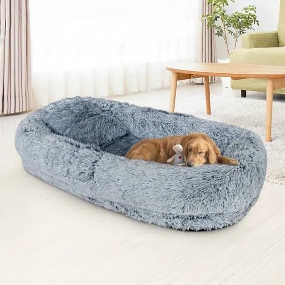 Large Donut Dog Bed Lounger Washable Fluffy Soft Memory Foam with Faux Fur Luxury Bolster Human Size Dogs Owners
