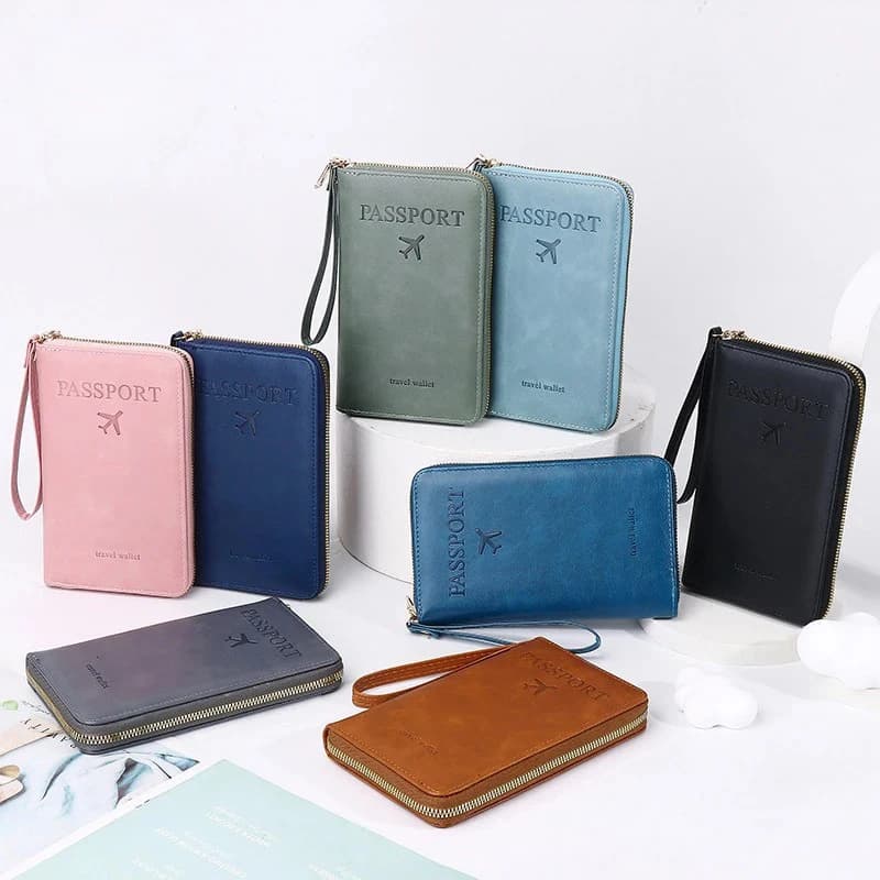 Custodia protettiva per passaporto multifunzione da viaggio con cerniera unisex da uomo e da donna, portafoglio, accessori da viaggio protettivi per biglietti in pelle PU